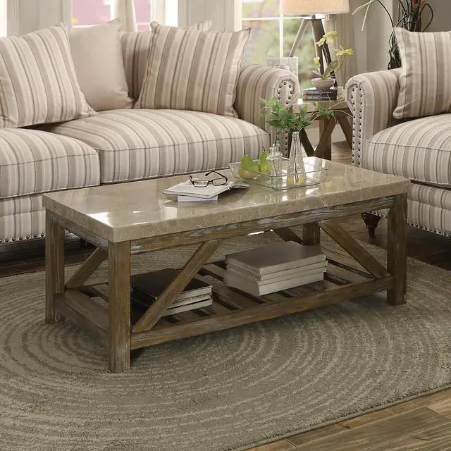 Alt view image 4 of 7 - Industrial Style Angled Support 1pc Cocktail Table with Bottom Shelf Marble Top Creamy White Wooden Living Room Furniture Coffee Table
