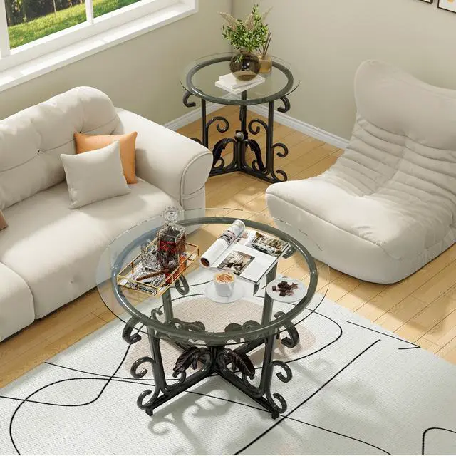 Alt view image 6 of 7 - 3-Piece Coffee Table Set, Tempered Glass Surface with Sturdy Metal Frame - Modern Living Room Sets (1 Coffee Table + 2 End Tables), Scratch-Resistant & Easy to Clean for Small Spaces, Apartments