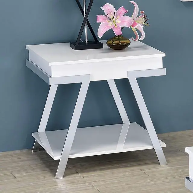 Main image of Contemporary Style White 1pc End Table High Gloss Finish Chrome Frame Gorgeous Living Room Furniture