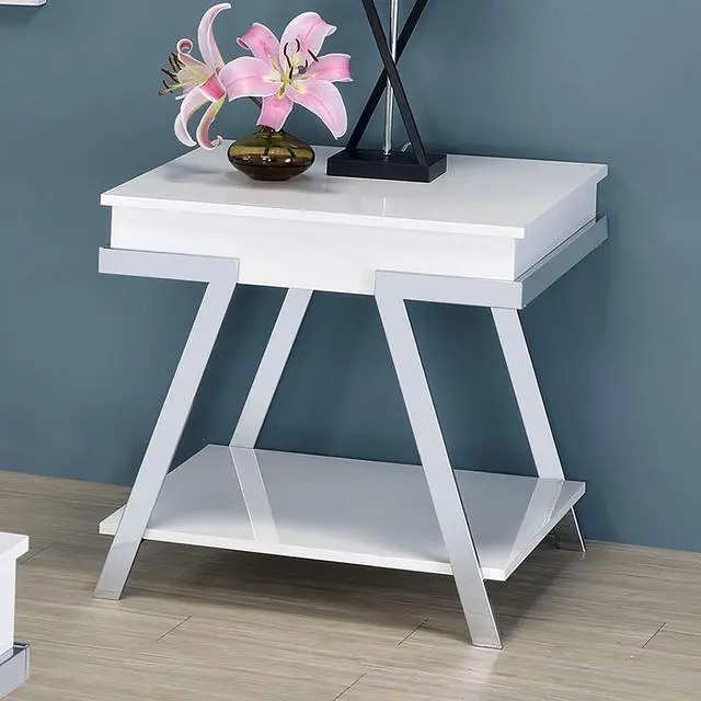Alt view image 2 of 7 - Contemporary Style White 1pc End Table High Gloss Finish Chrome Frame Gorgeous Living Room Furniture
