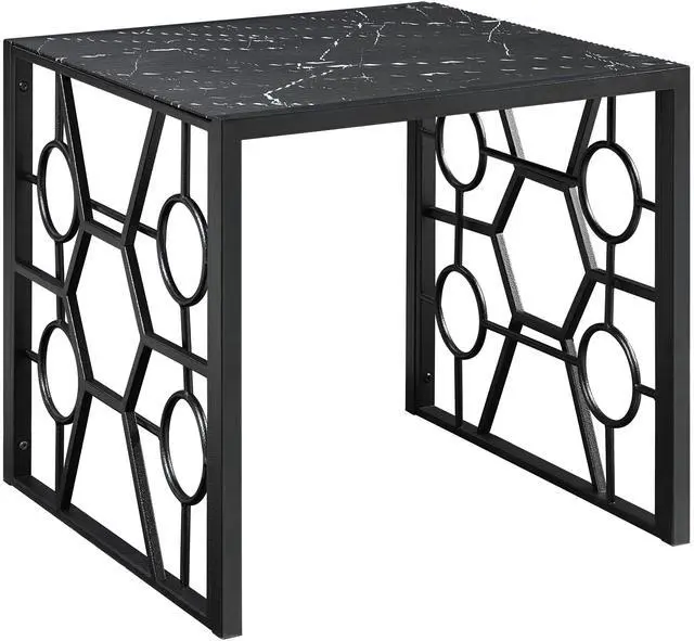Alt view image 6 of 7 - Modern 3-piece Occasional Table Set Black Cocktail Table End Tables Marble-Print Tempered Glass Top