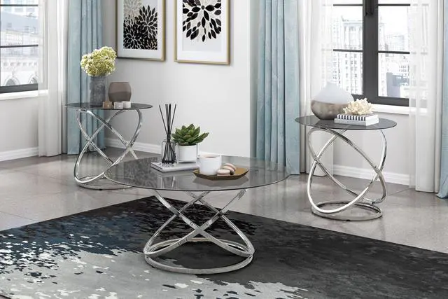 Main image of Modern Luxury 3-piece Occasional Table Set Chrome Finish Metal Cocktail Table End Tables Tempered Glass Top