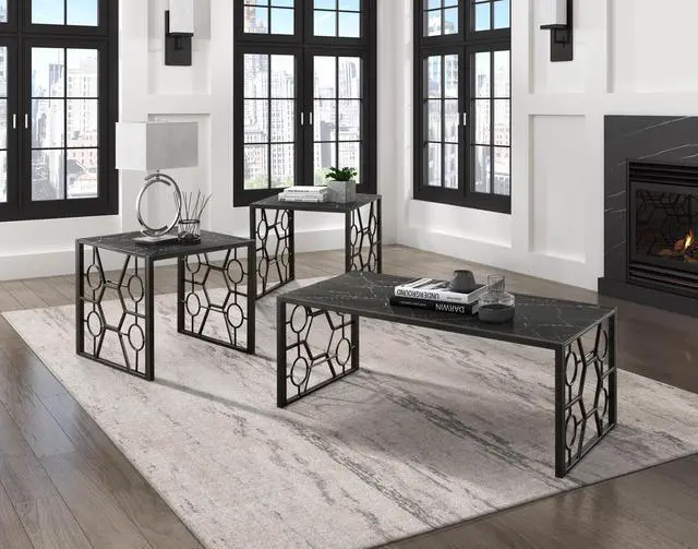 Alt view image 7 of 7 - Modern 3-piece Occasional Table Set Black Cocktail Table End Tables Marble-Print Tempered Glass Top