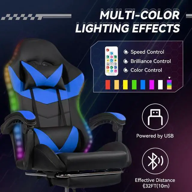 Alt view image 2 of 7 - Gaming Chair Black-Blue - Ergonomic PU Seat w/Adjustable Armrests & Metal Legs
