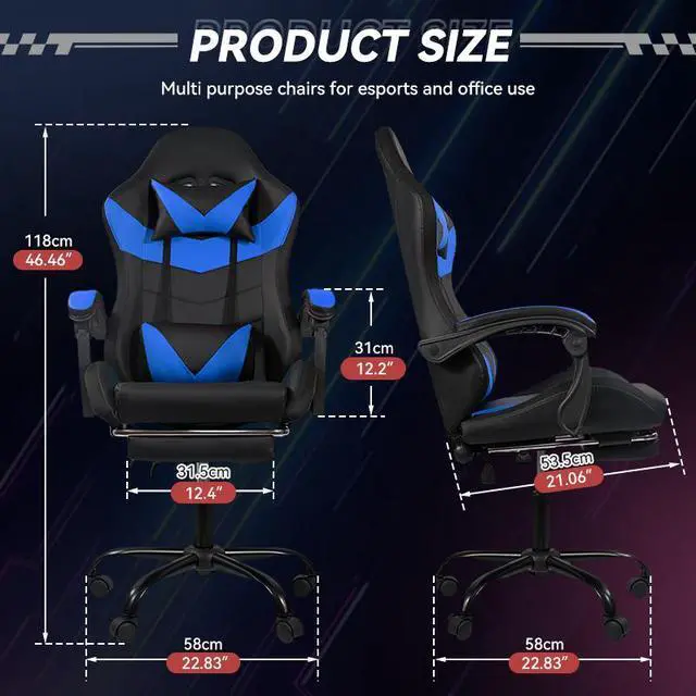 Alt view image 5 of 7 - Gaming Chair Black-Blue - Ergonomic PU Seat w/Adjustable Armrests & Metal Legs