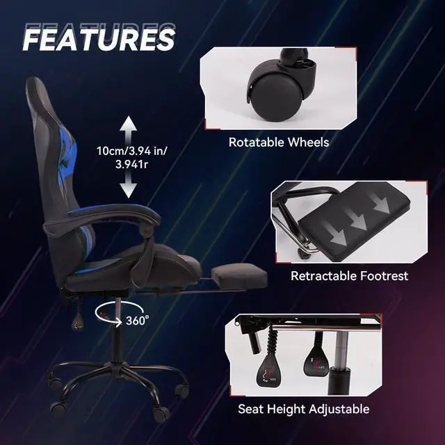 Alt view image 3 of 7 - Gaming Chair Black-Blue - Ergonomic PU Seat w/Adjustable Armrests & Metal Legs