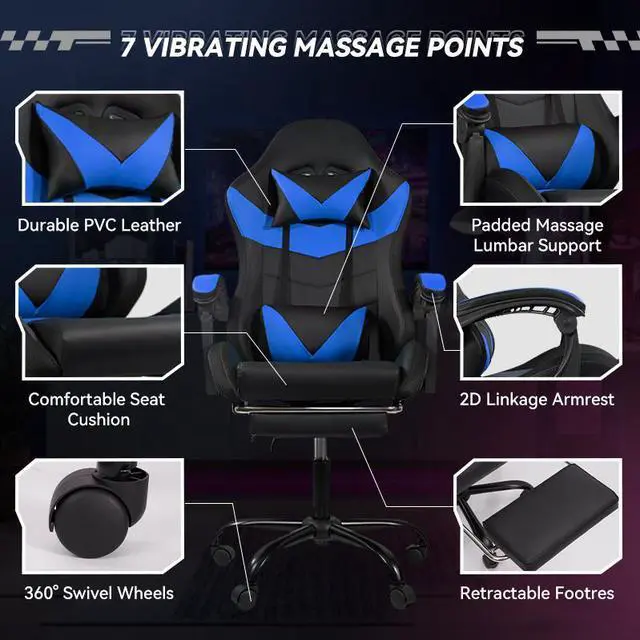 Alt view image 4 of 7 - Gaming Chair Black-Blue - Ergonomic PU Seat w/Adjustable Armrests & Metal Legs