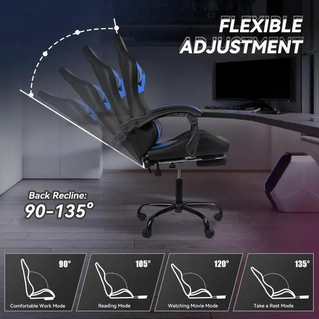 Alt view image 7 of 7 - Gaming Chair Black-Blue - Ergonomic PU Seat w/Adjustable Armrests & Metal Legs