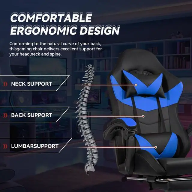Alt view image 6 of 7 - Gaming Chair Black-Blue - Ergonomic PU Seat w/Adjustable Armrests & Metal Legs