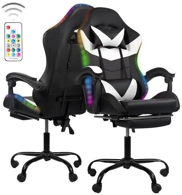 Main image of Gaming Chair Black-White - RGB Lighting PU Leather w/Synced Armrests & 5-Star Metal Base