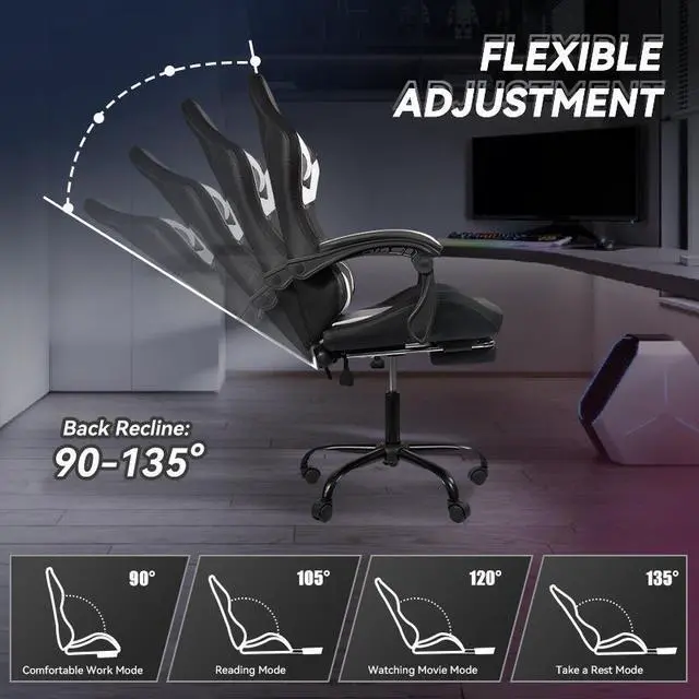Alt view image 3 of 7 - Gaming Chair Black-White - RGB Lighting PU Leather w/Synced Armrests & 5-Star Metal Base