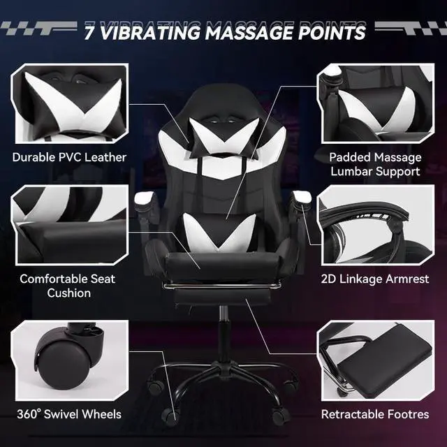 Alt view image 6 of 7 - Gaming Chair Black-White - RGB Lighting PU Leather w/Synced Armrests & 5-Star Metal Base