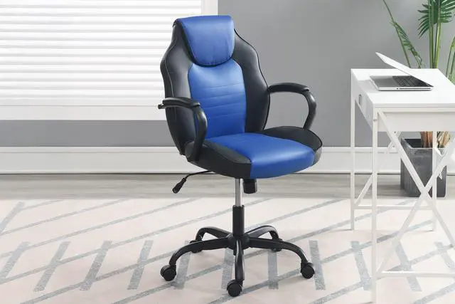 Alt view image 2 of 7 - Gaming Office Chair Blue And Black Faux Leather 1pc Chairs Casters Plush Padded Chair w Arms Comfortable Modern Stylish