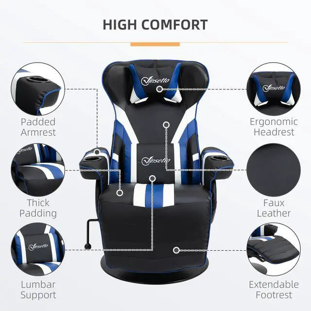 Alt view image 4 of 7 - Vinsetto Gaming Chair, Racing Style Computer Recliner with Lumbar Support, Footrest and Cup Holder, Black/White/Blue