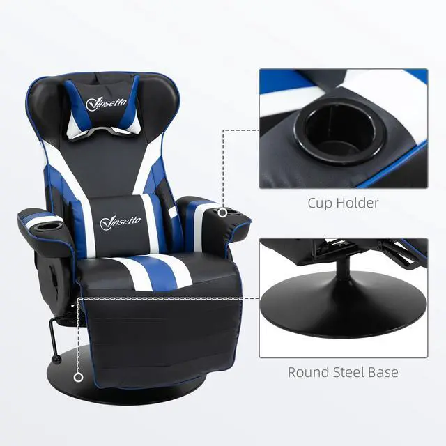 Alt view image 3 of 7 - Vinsetto Gaming Chair, Racing Style Computer Recliner with Lumbar Support, Footrest and Cup Holder, Black/White/Blue