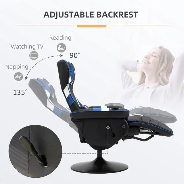 Alt view image 5 of 7 - Vinsetto Gaming Chair, Racing Style Computer Recliner with Lumbar Support, Footrest and Cup Holder, Black/White/Blue