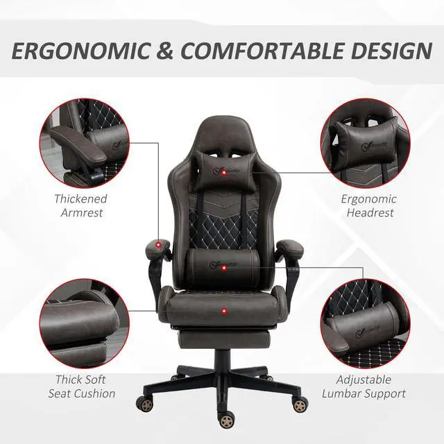 Alt view image 5 of 7 - Vinsetto Racing Gaming Chair Diamond PU Leather Office Gamer Chair High Back Swivel Recliner with Footrest, Lumbar Support, Adjustable Height, Brown
