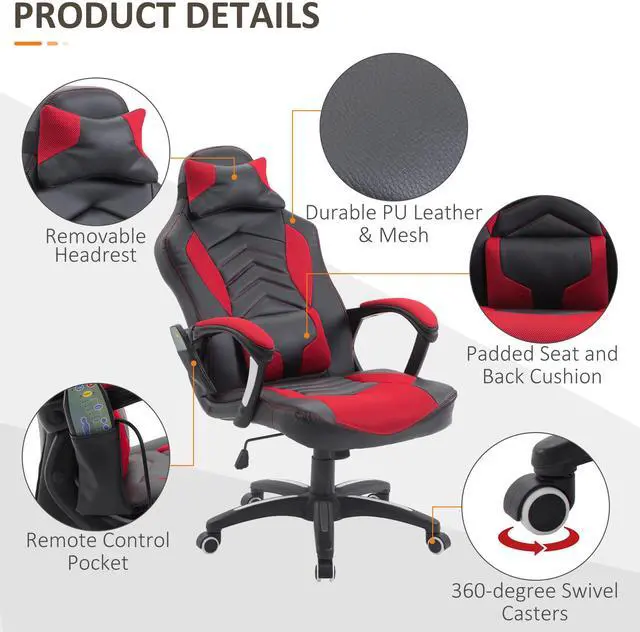 Alt view image 2 of 7 - HOMCOM 6 Vibrating Point Massage Computer Gaming Chair 5 Modes, Racing Style Heated Desk Chair Swivel Rolling Chair with Headrest, Red / Black