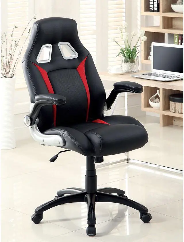 Main image of Stylish Office Chair Upholstered 1pc Comfort Adjustable Chair Relax Gaming Office Chair Work Black And Red Color Padded Armrests