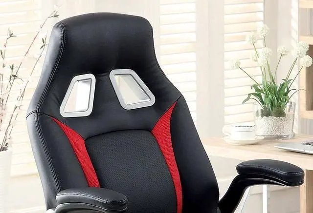 Alt view image 4 of 6 - Stylish Office Chair Upholstered 1pc Comfort Adjustable Chair Relax Gaming Office Chair Work Black And Red Color Padded Armrests