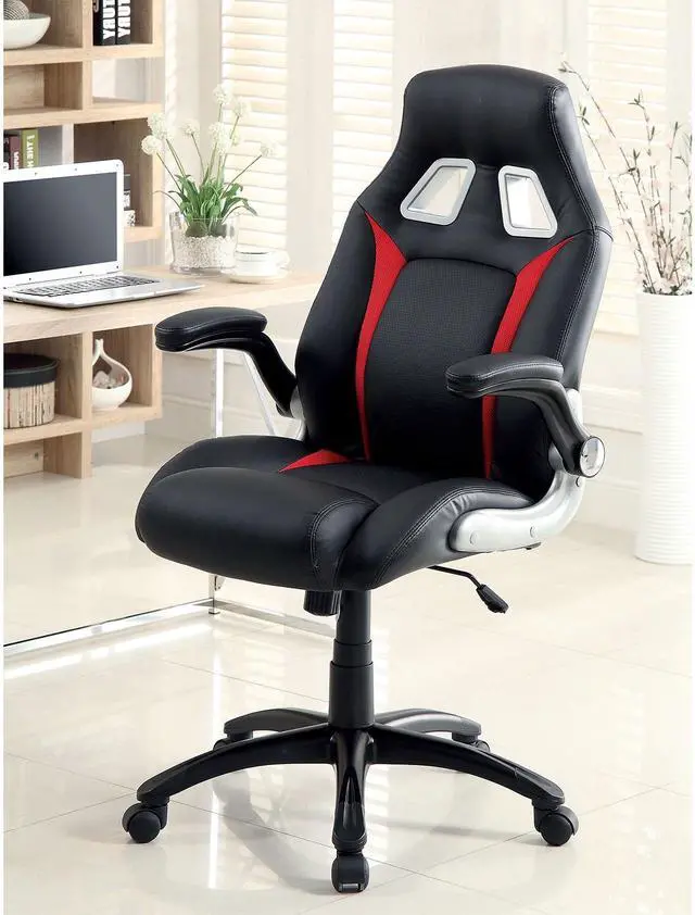 Alt view image 6 of 6 - Stylish Office Chair Upholstered 1pc Comfort Adjustable Chair Relax Gaming Office Chair Work Black And Red Color Padded Armrests