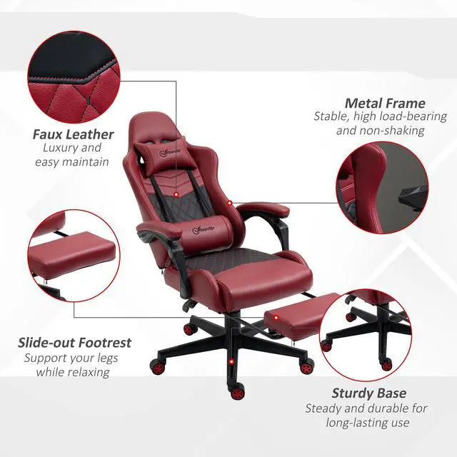 Alt view image 7 of 7 - Vinsetto Racing Gaming Chair Diamond PU Leather Office Gamer Chair High Back Swivel Recliner with Footrest, Lumbar Support, Adjustable Height, Red