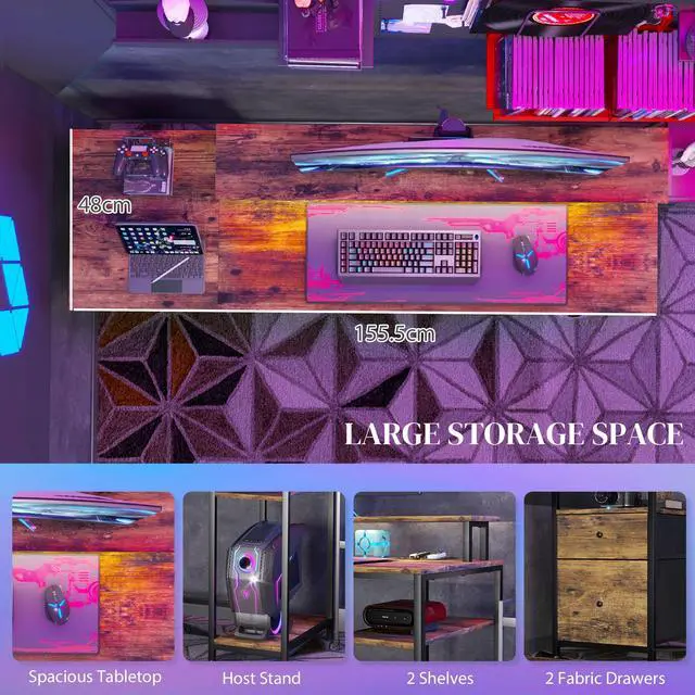 Alt view image 2 of 7 - HOMCOM 61" Computer Desk with LED Lights, Power Outlets, and USB Ports, Gaming Desk with Storage Shelves, Monitor Stand, Fabric Drawers & Remote for Home Office Study, Rustic Brown