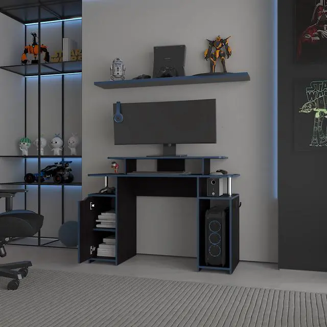 Alt view image 4 of 7 - FM FURNITURE Lol Minimalist Gaming Desk with Elevated Monitor Shelf. Blue Accents
