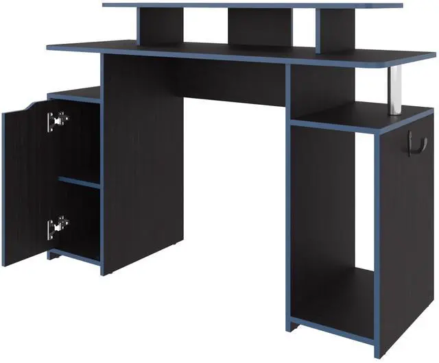 Alt view image 6 of 7 - FM FURNITURE Lol Minimalist Gaming Desk with Elevated Monitor Shelf. Blue Accents
