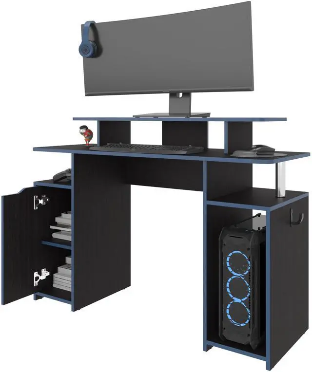 Alt view image 5 of 7 - FM FURNITURE Lol Minimalist Gaming Desk with Elevated Monitor Shelf. Blue Accents