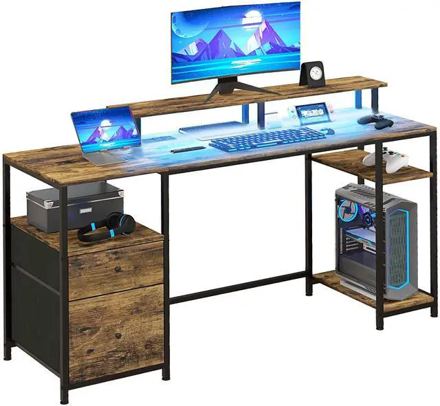 Main image of HOMCOM 61" Computer Desk with LED Lights, Power Outlets, and USB Ports, Gaming Desk with Storage Shelves, Monitor Stand, Fabric Drawers & Remote for Home Office Study, Rustic Brown