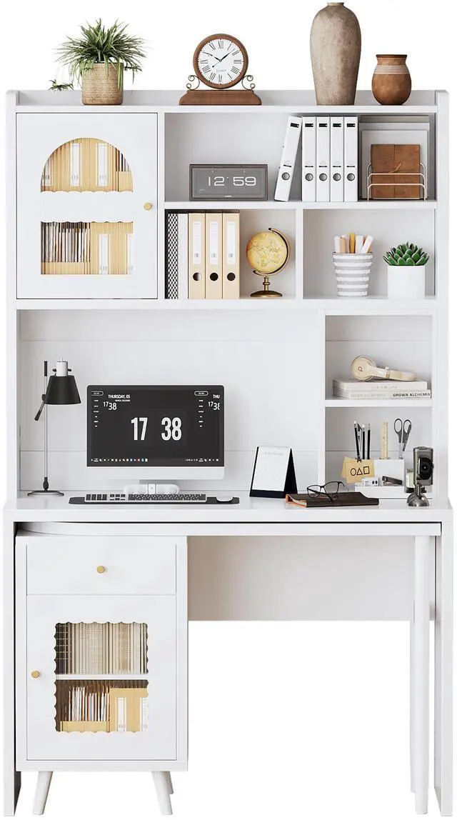 Alt view image 7 of 7 - Computer Desk with 90 Degree Rotating Desktop, 43x70 Inch Office Desk with Storage Drawer and Cabinets, Gaming Desk with Shelves, Writing Desk for Study, Work Desk for Home Office Bedroom Living Room