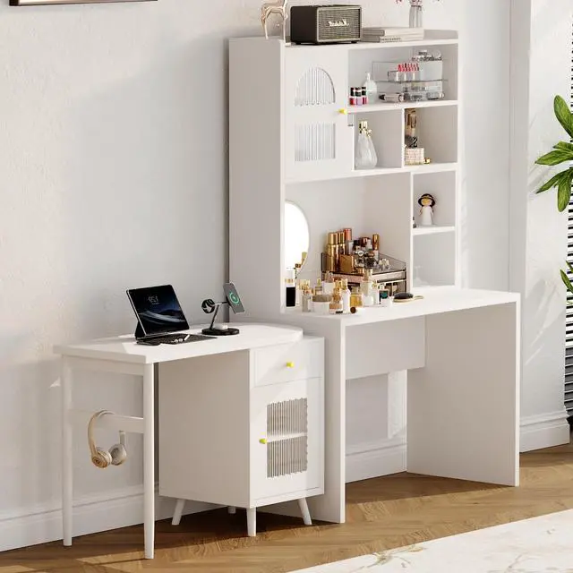 Alt view image 3 of 7 - Computer Desk with 90 Degree Rotating Desktop, 43x70 Inch Office Desk with Storage Drawer and Cabinets, Gaming Desk with Shelves, Writing Desk for Study, Work Desk for Home Office Bedroom Living Room