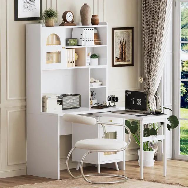 Main image of Computer Desk with 90 Degree Rotating Desktop, 43x70 Inch Office Desk with Storage Drawer and Cabinets, Gaming Desk with Shelves, Writing Desk for Study, Work Desk for Home Office Bedroom Living Room