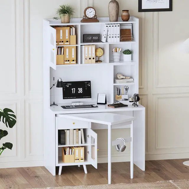 Alt view image 4 of 7 - Computer Desk with 90 Degree Rotating Desktop, 43x70 Inch Office Desk with Storage Drawer and Cabinets, Gaming Desk with Shelves, Writing Desk for Study, Work Desk for Home Office Bedroom Living Room