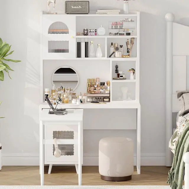Alt view image 2 of 7 - Computer Desk with 90 Degree Rotating Desktop, 43x70 Inch Office Desk with Storage Drawer and Cabinets, Gaming Desk with Shelves, Writing Desk for Study, Work Desk for Home Office Bedroom Living Room