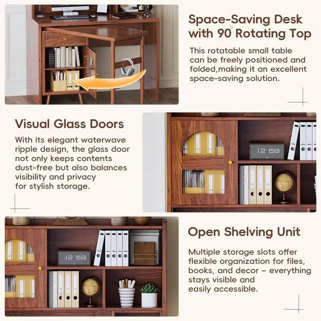 Alt view image 5 of 7 - Computer Desk with 90 Degree Rotating Desktop, 43x70 Inch Office Desk with Storage Drawer and Cabinets, Gaming Desk with Shelves, Writing Desk for Study, Work Desk for Home Office Bedroom Living Room