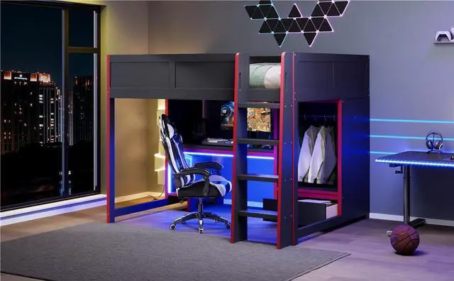 Alt view image 4 of 7 - Wood Full Size Gaming Loft Bed with Built-in Desk, Wardrobe, LED and a Drawer, Black