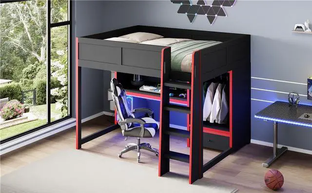 Alt view image 5 of 7 - Wood Full Size Gaming Loft Bed with Built-in Desk, Wardrobe, LED and a Drawer, Black