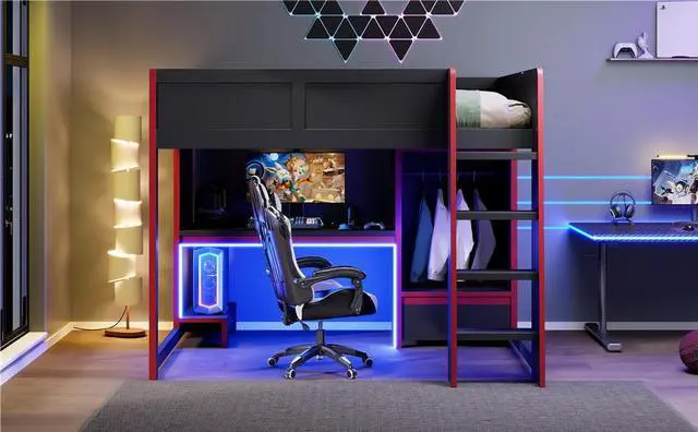 Alt view image 6 of 7 - Wood Full Size Gaming Loft Bed with Built-in Desk, Wardrobe, LED and a Drawer, Black