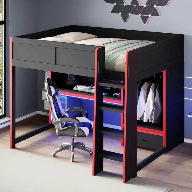 Alt view image 3 of 7 - Wood Full Size Gaming Loft Bed with Built-in Desk, Wardrobe, LED and a Drawer, Black