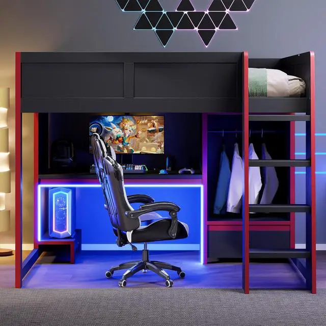 Alt view image 2 of 7 - Wood Full Size Gaming Loft Bed with Built-in Desk, Wardrobe, LED and a Drawer, Black