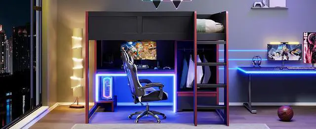 Alt view image 7 of 7 - Wood Full Size Gaming Loft Bed with Built-in Desk, Wardrobe, LED and a Drawer, Black