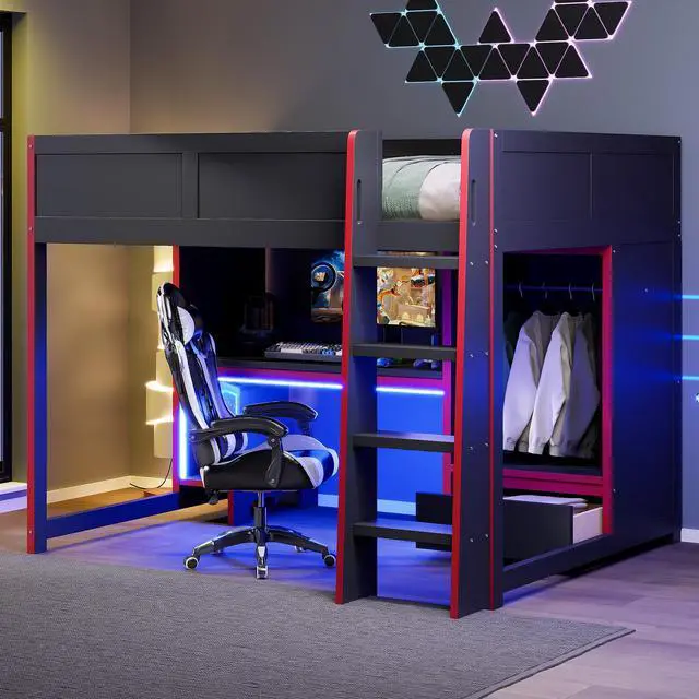Main image of Wood Full Size Gaming Loft Bed with Built-in Desk, Wardrobe, LED and a Drawer, Black