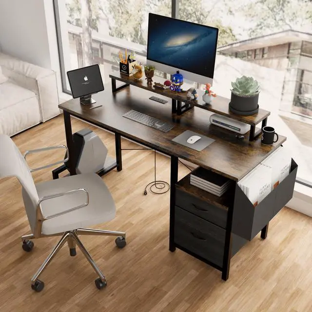 Alt view image 2 of 6 - Computer Desk with Drawer and Power Outlets, 47" Office Desk with 2 Monitor Stands and Fabric File Cabinet, Writing Gaming Table with Shelves and Hooks for Home Office, Rustic Brown