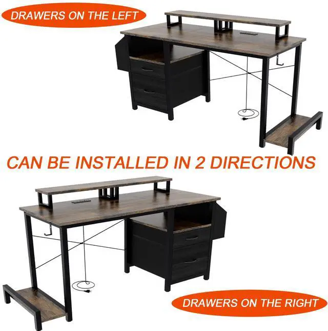 Alt view image 5 of 6 - Computer Desk with Drawer and Power Outlets, 47" Office Desk with 2 Monitor Stands and Fabric File Cabinet, Writing Gaming Table with Shelves and Hooks for Home Office, Rustic Brown