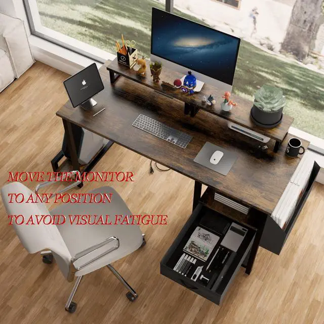 Alt view image 6 of 6 - Computer Desk with Drawer and Power Outlets, 47" Office Desk with 2 Monitor Stands and Fabric File Cabinet, Writing Gaming Table with Shelves and Hooks for Home Office, Rustic Brown