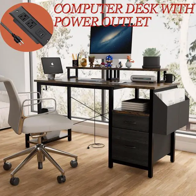 Alt view image 3 of 6 - Computer Desk with Drawer and Power Outlets, 47" Office Desk with 2 Monitor Stands and Fabric File Cabinet, Writing Gaming Table with Shelves and Hooks for Home Office, Rustic Brown
