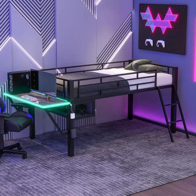 Main image of Gaming mid loft bed with desk, LED, Twin, Black