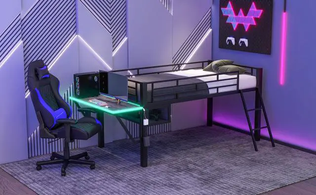 Alt view image 4 of 7 - Gaming mid loft bed with desk, LED, Twin, Black